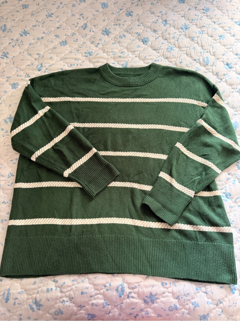 aerie Green Crewneck Sweater with Cream Stripes